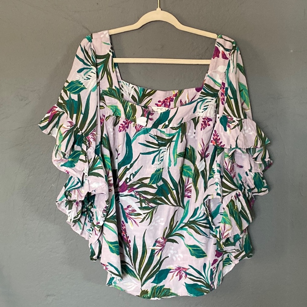 Terra & Sky Purple Floral Tropical Print Ruffle Sleeve Blouse Top Size 4X